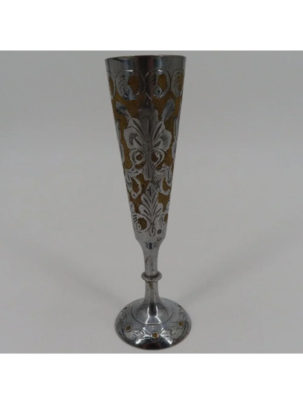 VTG Hand Chased Etched Floral Swag Silver Gold Tone Metal Vase 6.9in Israel Made